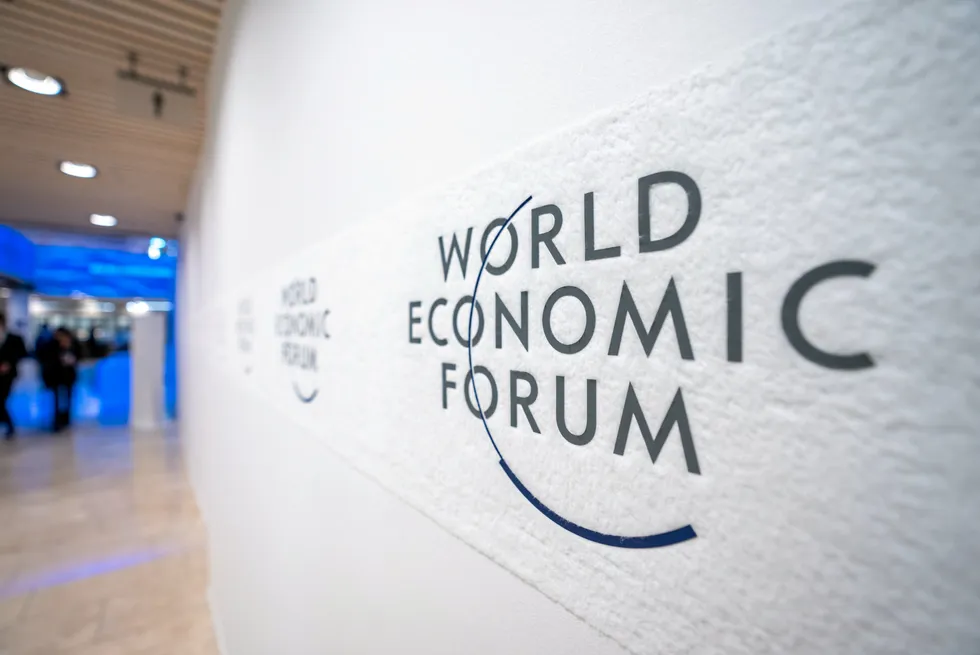 The World Economic Forum logo at the Annual Summit in Davos.