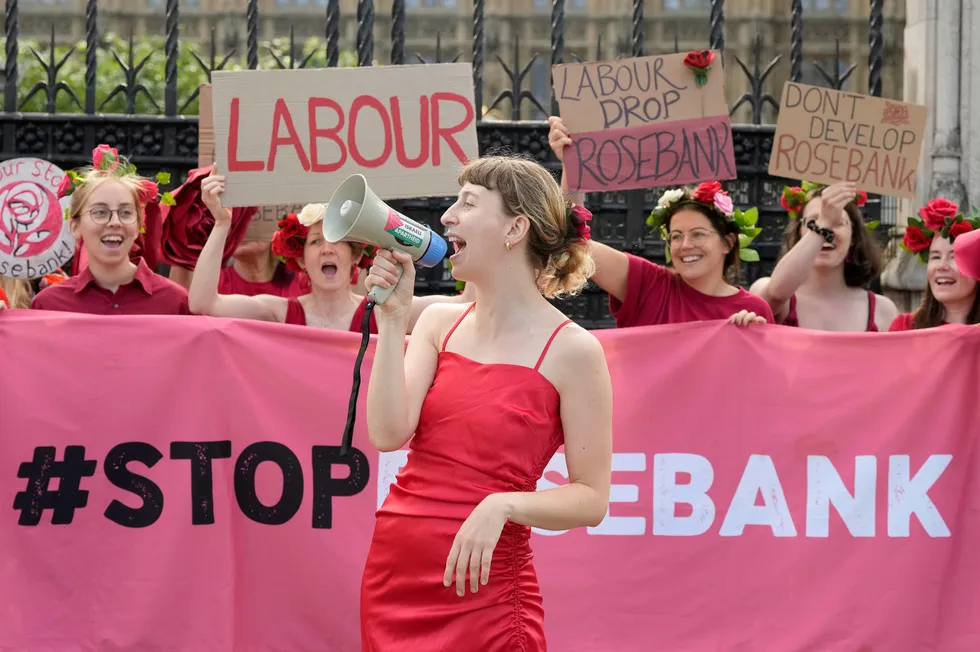 Protesters shout in front of parliament in London in July to demand the UK stops Rosebank and all new oil and gas fields