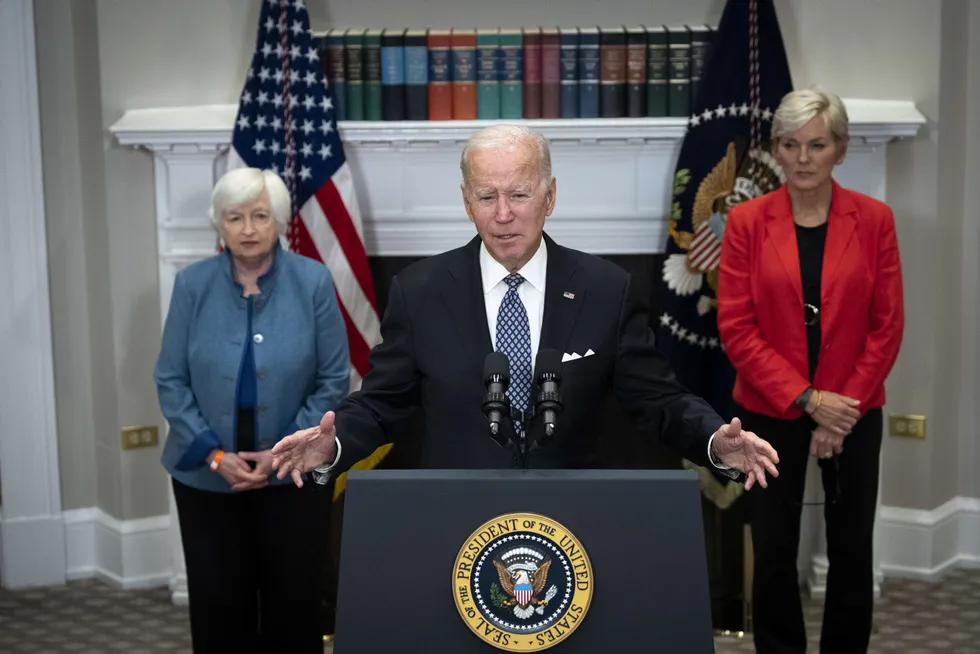 Fired up: US President Joe Biden (centre), flanked by Treasury Secretary Janet Yellen (left) and Energy Secretary Jennifer Granholm (right), delivers remarks on oil company profits in the Roosevelt Room of the White House