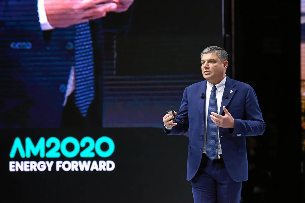 Speaking out: Baker Hughes chief executive Lorenzo Simonelli speaking at the company's annual meeting in Florence in 2020