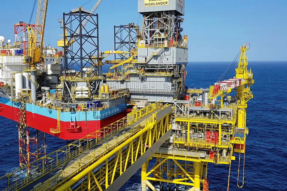 First gas: the jack-up Maersk Highlander carrying out development drilling over the Culzean wellhead platform.