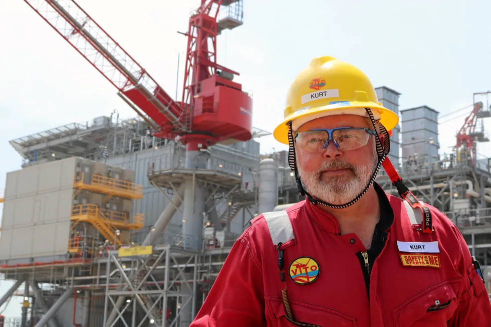 Big change: Shell Vito project manager Kurt Shallenberger stands in front of the Shell Vito floating production unit at Kiewit Offshore Services in Ingleside, Texas