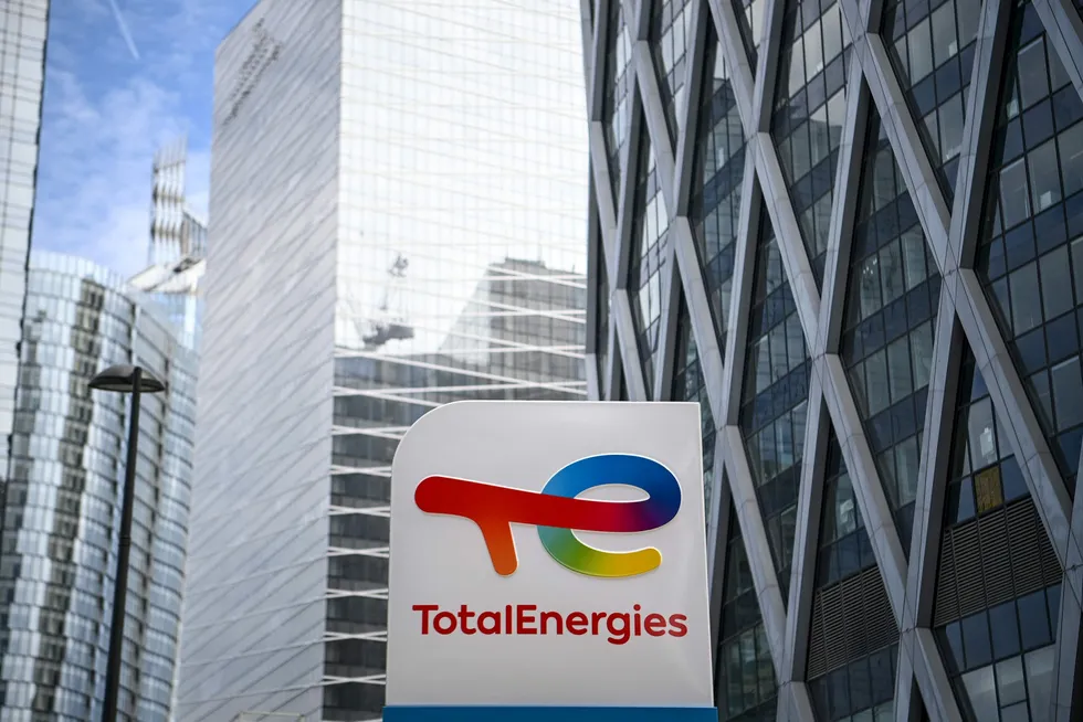Way out: TotalEnergies logo in La Defense district in the outskirts of Paris in France