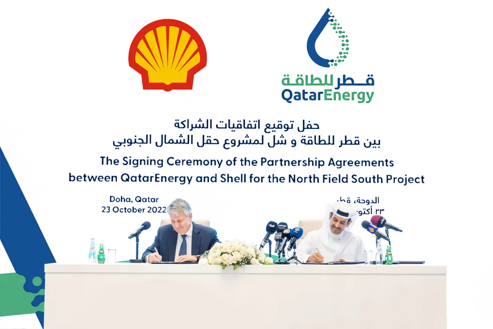 Partners: Shell chief executive Ben van Beurden (left) and QatarEnergy chief executive Saad Sherida Al-Kaabi sign landmark deal.