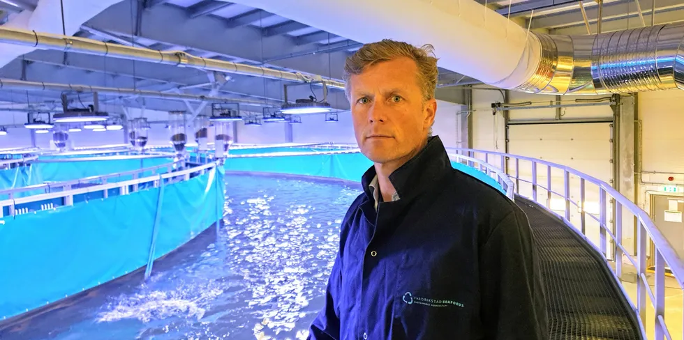 Bernt Olav Røttingsnes er toppsjef i Nordic Aquafarms Europe, som blant annet produserer laks på land i Fredrikstad. Nå skal dette anlegget bygges om, og i stedet produsere den tropiske fiskearten yellowtail kingfish.