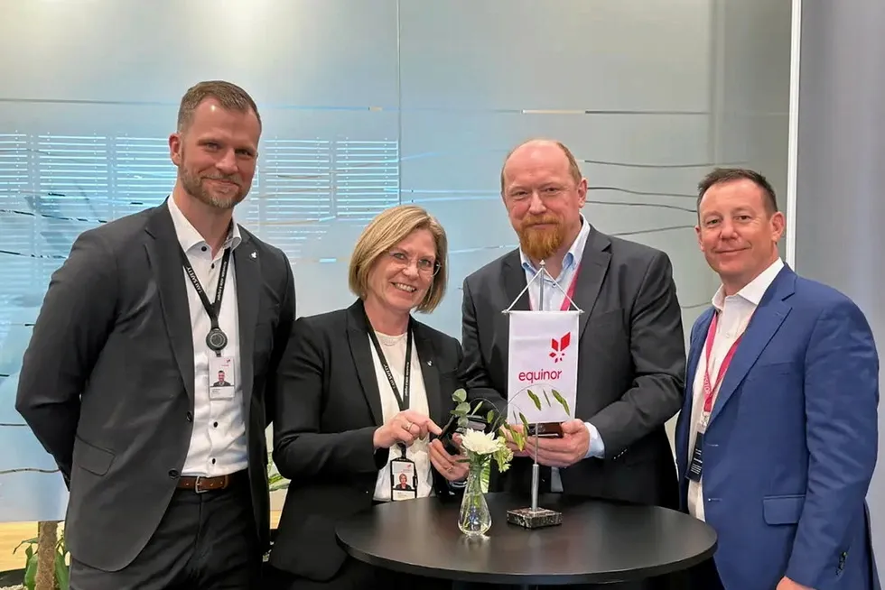 From left: Equinor senior vice president for drilling and wells Erik Kirkemo, Equinor chief procurement officer Mette Ottoy, Transocean’s Norway operations director Knut Vavik and Transocean chief operating officer Keelan Adamson.