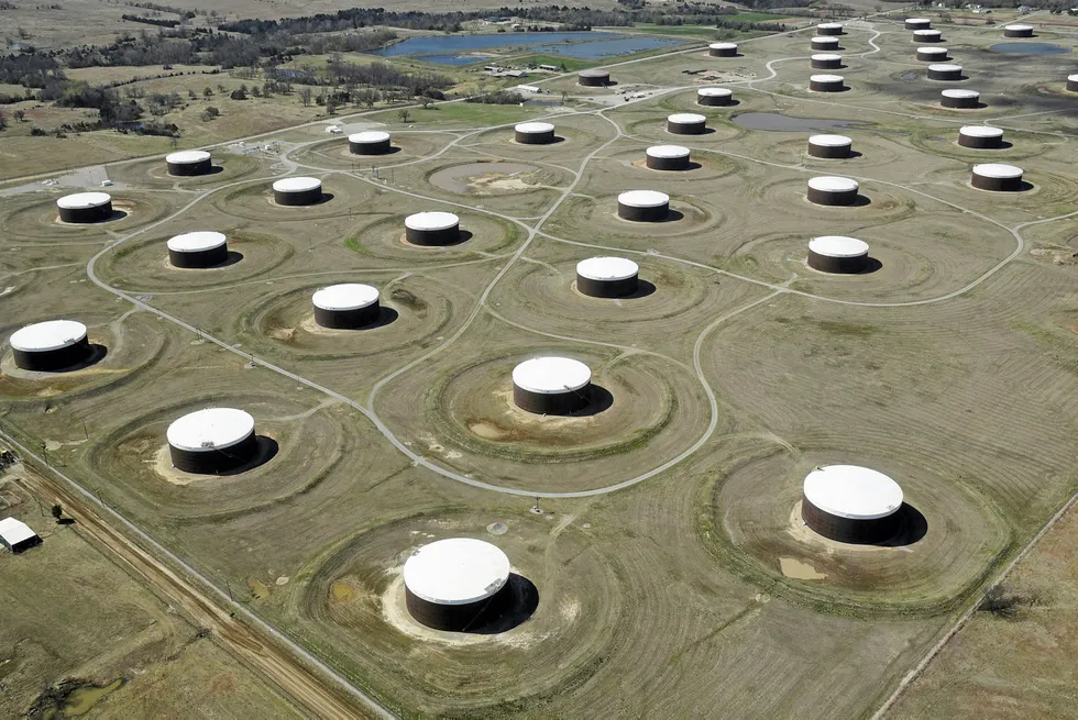 Oil price: crude oil storage tanks are seen from above at the Cushing oil hub, in Cushing, Oklahoma