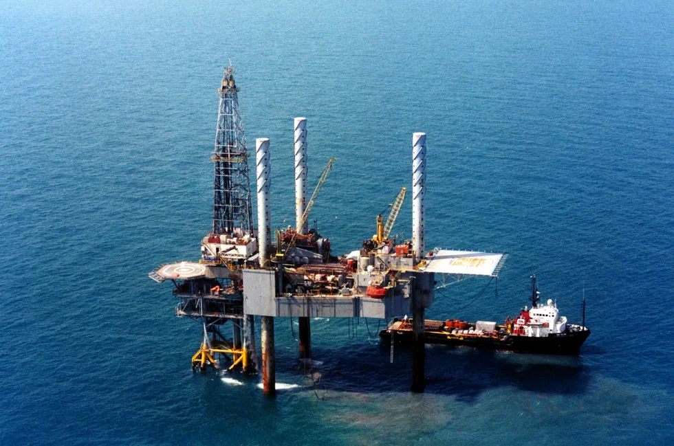 In operation: the Ravva F platform and Marine 201 jack-up drilling rig offshore India