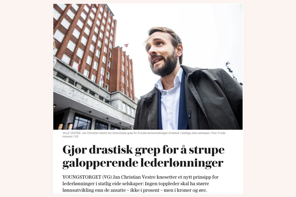 Tidligere næringsminister Jan Christian Vestre var tøff i tonen da han i 2022 lovet grep mot galopperende lederlønninger. Nåværende næringsminister Cecilie Myrseth vil ikke kommentere saken.