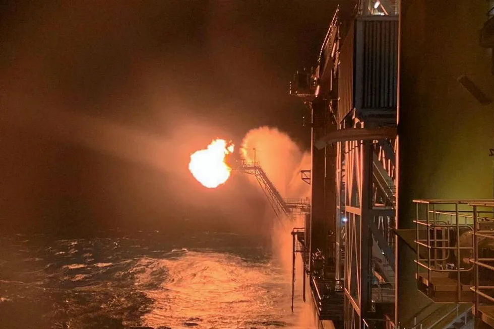 Fired up: a gas flare aboard drillship Stena Forth during appraisal operations at ExxonMobil's Glaucus-2 well offshore Cyprus