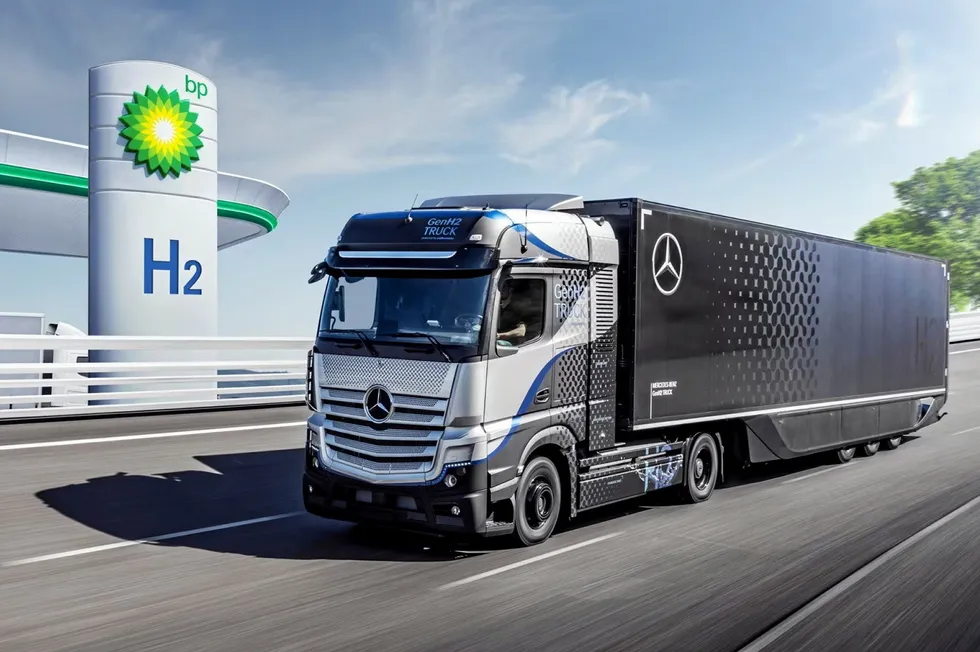 A picture released by BP in 2021 to promote a hydrogen-focused partnership with Daimler Trucks.