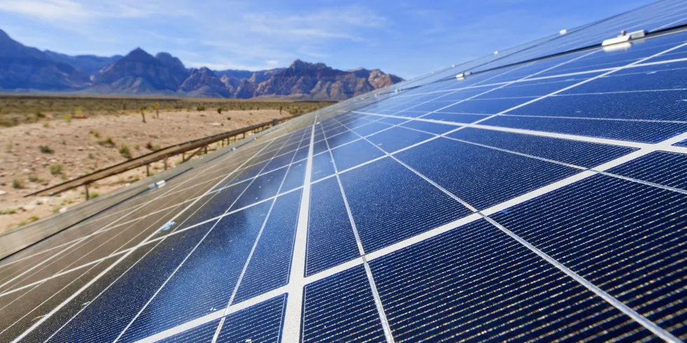 View of solar panels in the Mojave Desert, California.