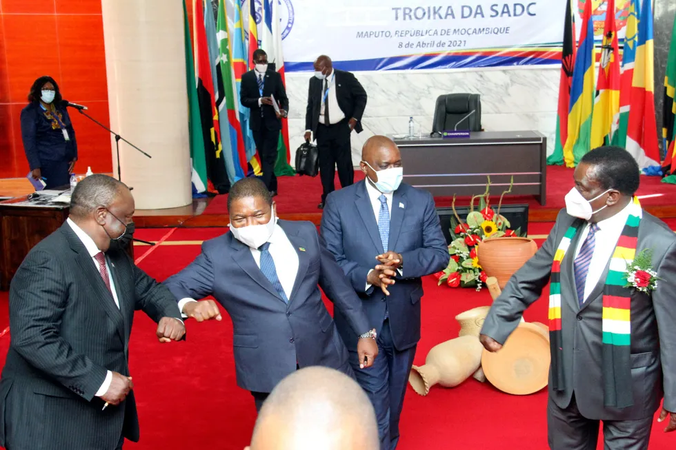Meeting: Southern African leaders greeted each other during a meeting in Mozambique's capital Maputo on 8 April to discuss insurgency in Cabo Delgado