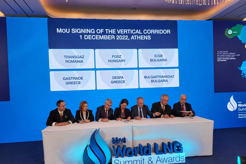 New connection: Representatives of Desfa, Gastrade, Transgaz, FGSZ, ICGB and Bulgartransgaz attend the signing of the vertical corridor pipeline MoU in Athens.