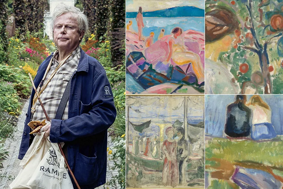 Petter Olsen på Ramme Gård som Edvard Munch eide i en årrekke. Maleriene av Edvard Munch er fra øverst til venstre «Høysommer», «Under de røde epler», «Dans på stranden» og «Løvsprett».