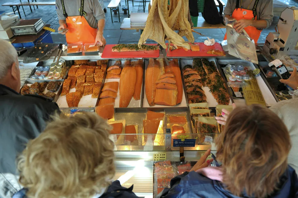A Fish Market near the Norwegian harbor of Bergen. Norway provides more than half of the world's salmon production.