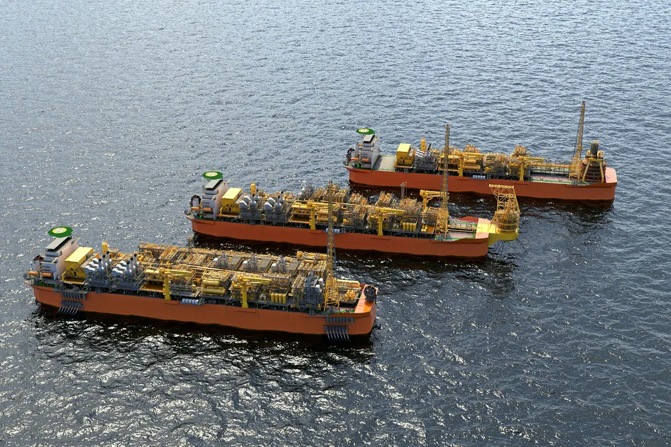 LINEAGE: An image depicts three different generations of topsides might look like on a Fast4Ward generic hull. The top vessel is shown with second-generation topsides weighing 10,000-15,000 tonnes. In the middle, a hull outfitted with more complex third-generation topsides typically weighing 24,000 tonnes, as seen on the recent Cidade de Ilhabela, Marica and Saquarema FPSOs. The bottom vessel features a future fourth-generation topside configuration weighing 35,000 tonnes. Image: SBM . SBM.