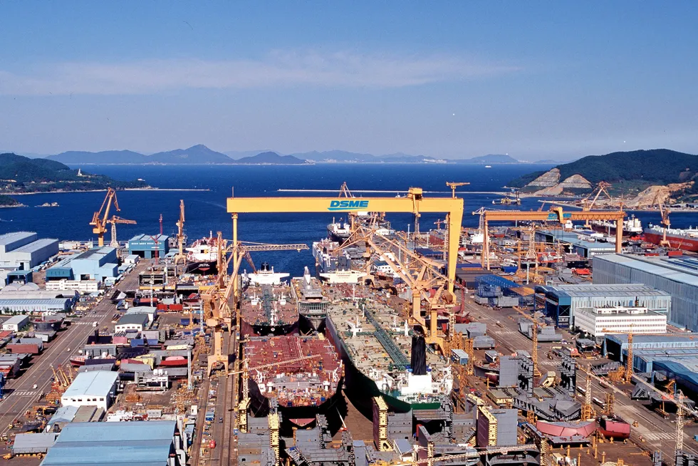 Aerial view: Daewoo Shipbuilding & Marine Engineering's Okpo yard on Geoje Island, South Korea