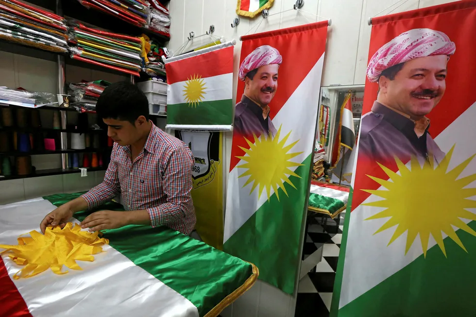 Local hero: banners in a shop in Arbil in northern Iraq featuring Iraqi Kurdistan president Massud Barzani