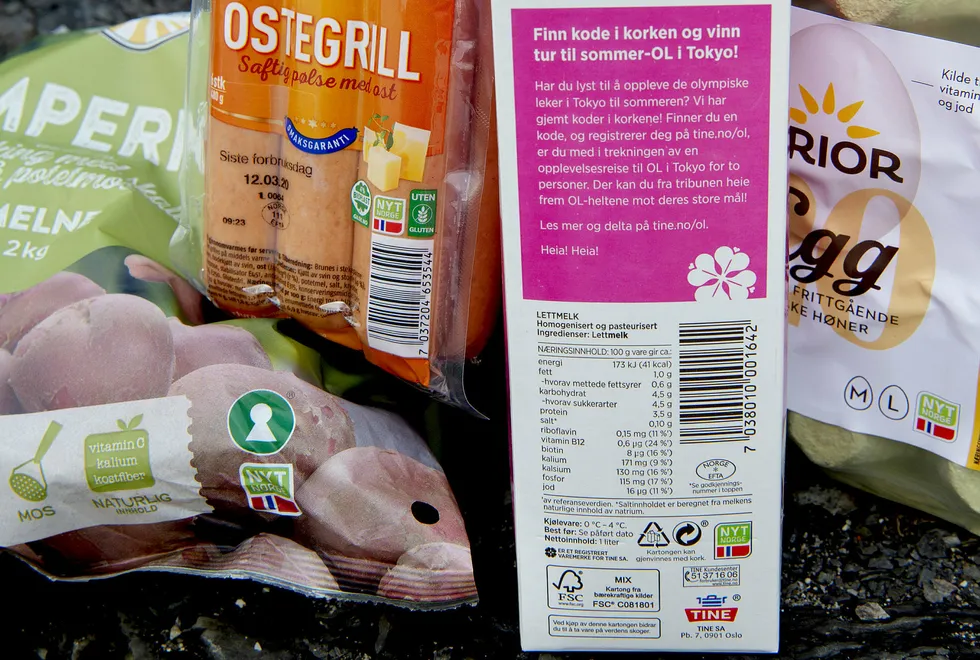 Matvarer med Nyt Norge merket. melk - egg - pølser - poteter -