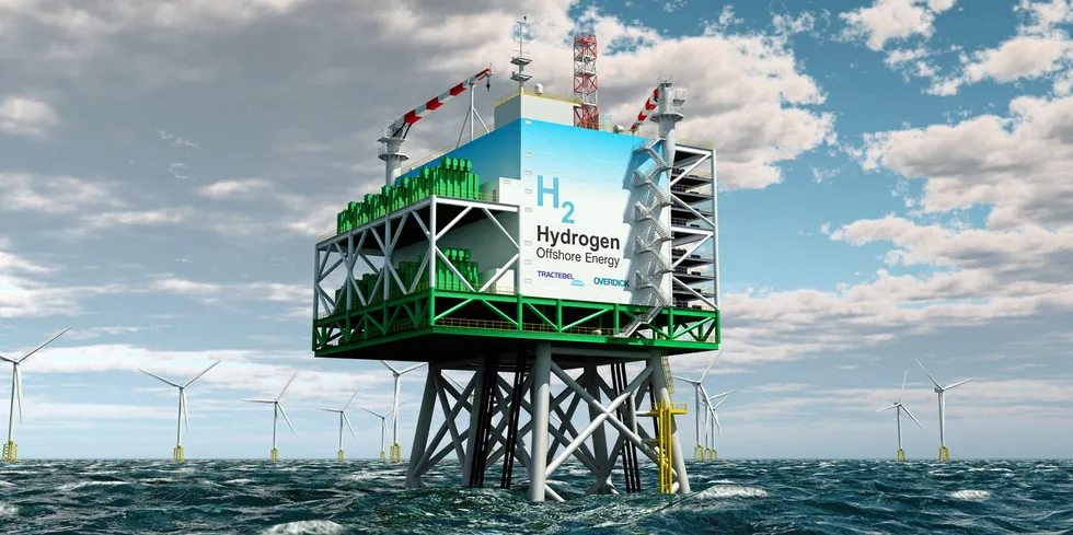 A rendering of an offshore green-hydrogen platform.