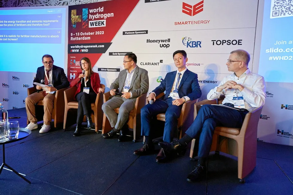 The panel on low-carbon ammonia offtake at World Hydrogen Derivatives in Rotterdam this week, featuring Verdesian's Kuide Qin (centre), OCI's Jong Chen Foo (second from right), and Fertilizers Europe's Antoine Hoxha (far left).