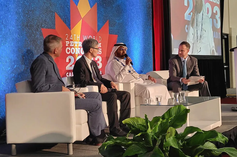 Rayad Alharbi, senior specialist at the Saudi Ministry of Energy, second from right, addressing a panel discussion at WPC in Calgary on Wednesday.