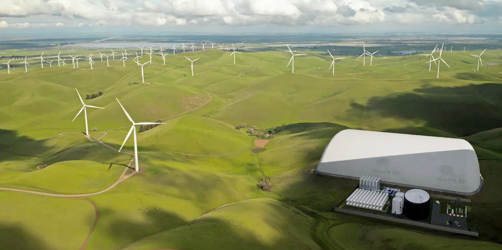 A rendering of a wind farm backed by founding LDES Council member Energy Dome's CO2 battery.