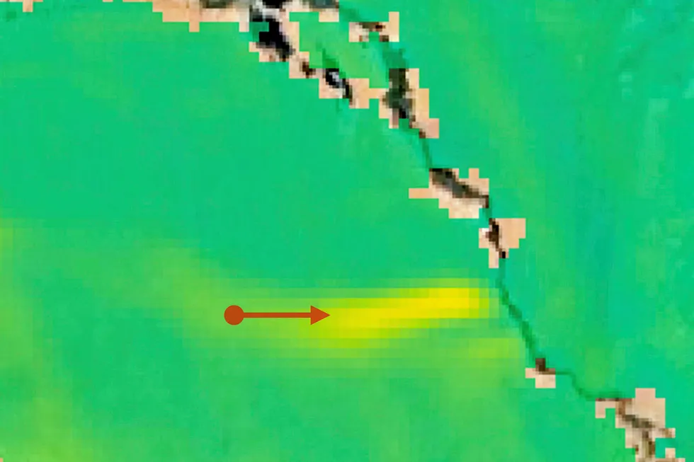 Satellite imagery of methane leak, shown in yellow, with red arrow indicate wind direction