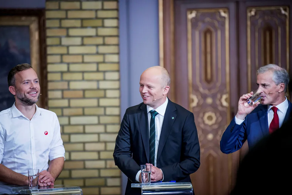 Det ble et historisk lokalvalg for Trygve Slagsvold Vedum (i midten) og Senterpartiet. Til venstre for han er SV-leder Audun Lysbakken, og Arbeiderparti-leder Jonas Gahr Støre til høyre. Her fra partilederdebatten mandag kveld.