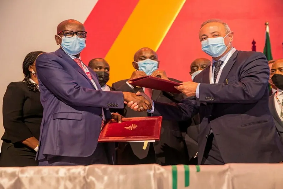 Handshake: NNPC chief executive Umor Ajia (left) and Amr Kamel, executive vice president of business development at Afreximbank signed the $1bn loan facility in Durban on 17 November