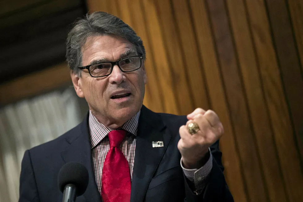 WASHINGTON, DC - OCTOBER 16: U.S. Secretary of Energy Rick Perry speaks at the Energy Policy Summit at the National Press Club, October 16, 2017 in Washington, DC. The event was organized by the American Association of Blacks in Energy (AABE). Drew Angerer/Getty Images/AFP == FOR NEWSPAPERS, INTERNET, TELCOS & TELEVISION USE ONLY ==