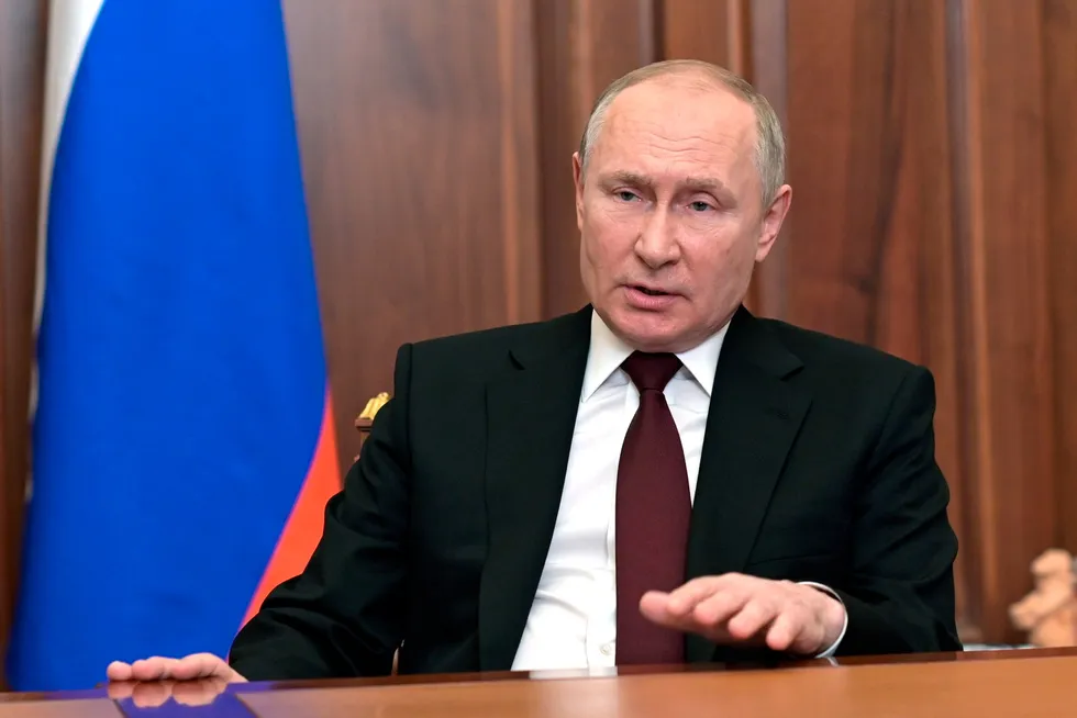 Tension: Russian President Vladimir Putin addresses the nation, recognising the independence of separatist regions in eastern Ukraine, raising tensions with West