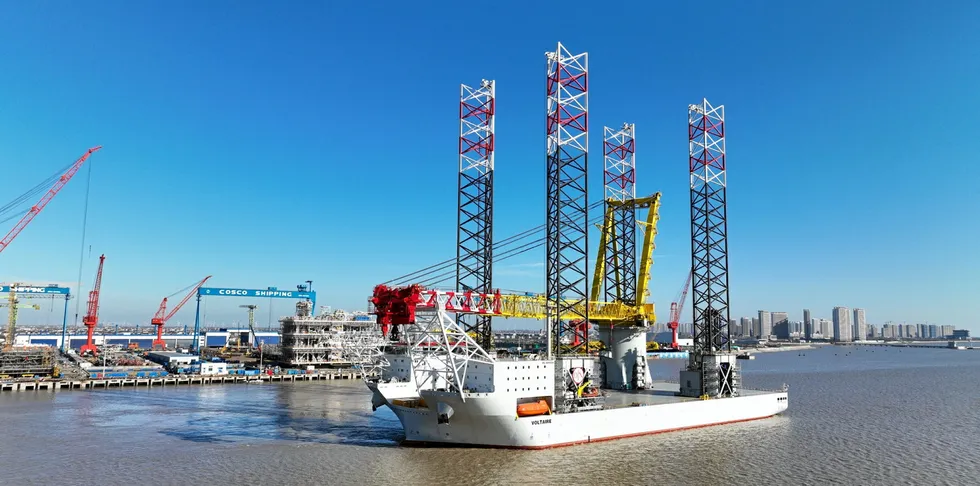 Jan De Nul's Voltaire wind turbine installation vessel was just chartered to RWE for four years starting 2027. Front page pic, RWE's offshore wind CEO Sven Utermöhlen