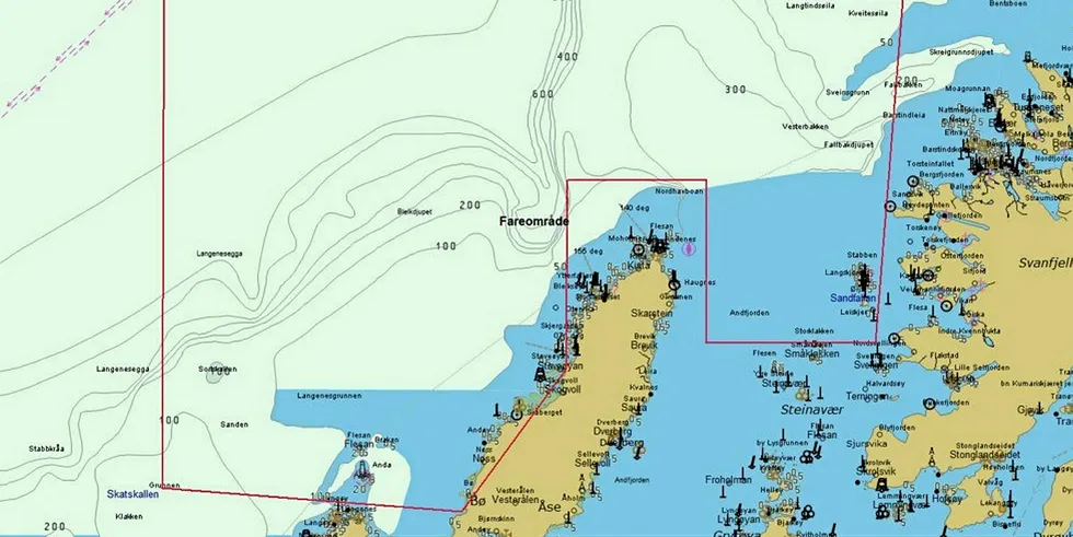 Kartutsnittet viser skytefeltet for neste års marineøvelse, slik det tar seg ut tidlig i planleggingen. Mer nøyaktige posisjoner vil komme nærmere øvelsestart, melder Andøya Test Center.