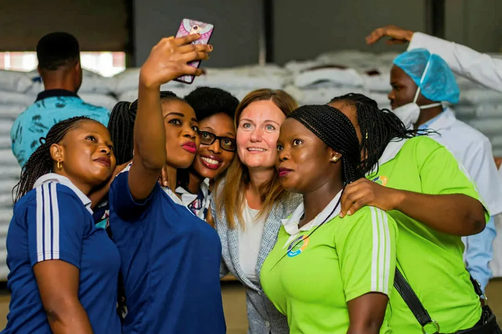 Skretting CEO Therese Log Bergjord and a team from Skretting's organization in Nigeria in 2018.