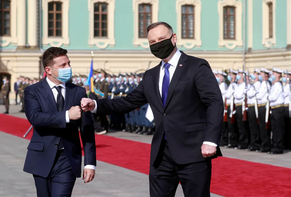 Opening opportunities: Ukrainian President Vladimir Zelensky (left) and Polish President Andrzej Duda bump fists as they meet in Kiev this week