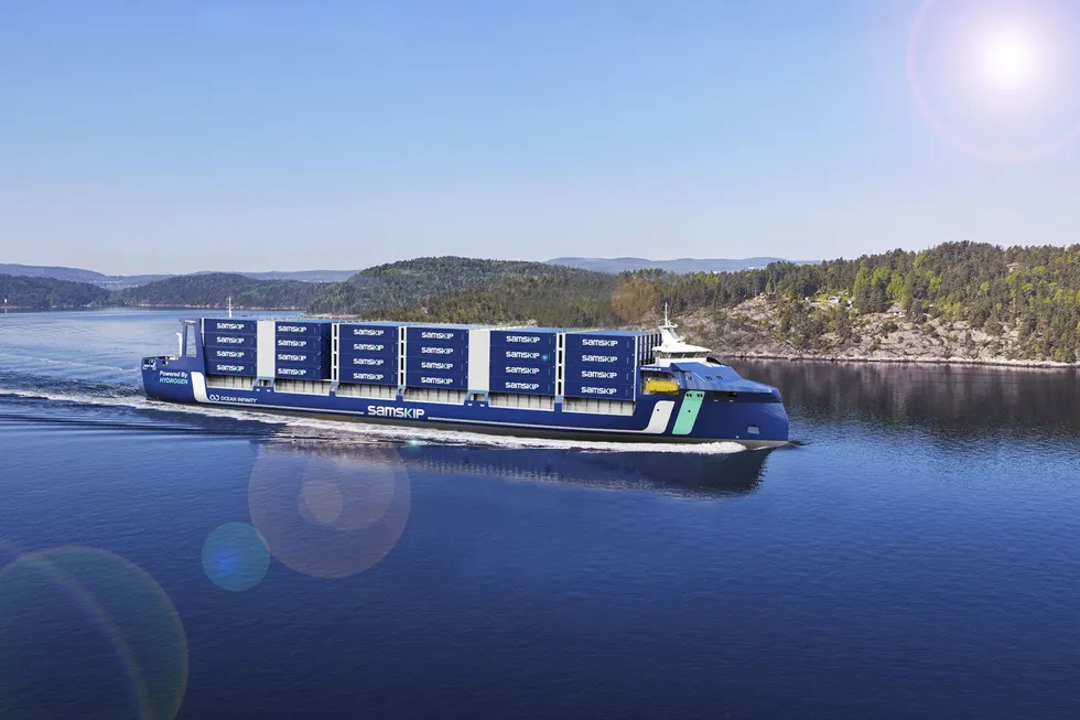 Dette kan bli verdens første hydrogendrevne containerskip. Ocean Infinity får 149 millioner kroner i støtte til to skip som skal gå i rute mellom Rotterdam og Oslofjorden på langtidskontrakt for Samskip.