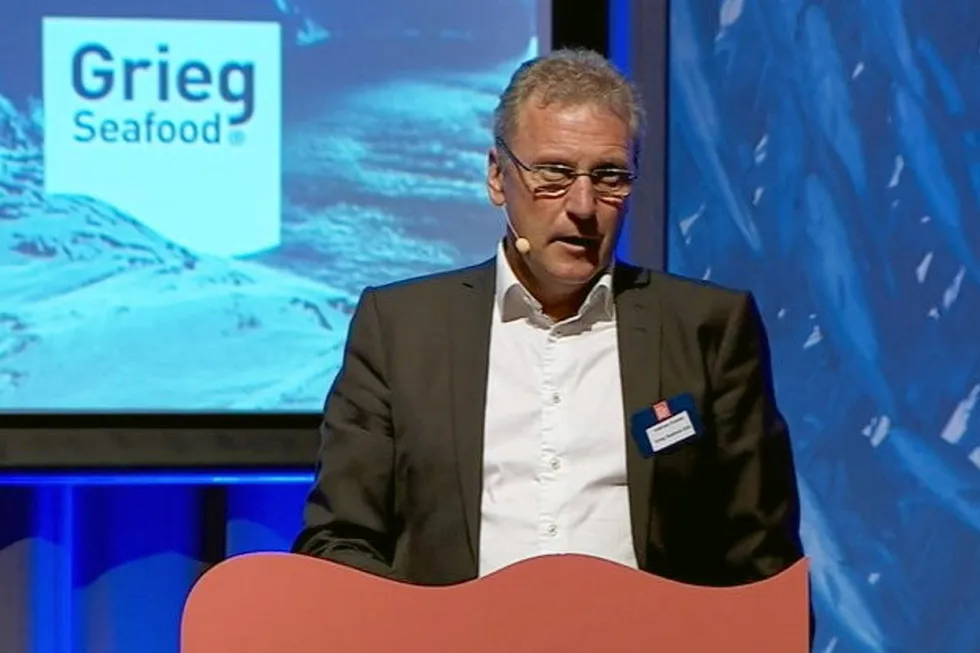 Grieg Seafood CEO Andreas Kvame at the North Atlantic Seafood Forum last year, touting the company's growth plans.