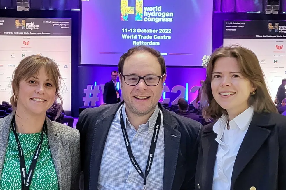 The Hydrogen Insight team (left to right): deputy editor Rachel Parkes, editor Leigh Collins, and senior reporter Agnete Klevstrand, pictured at today's World Hydrogen Congress in Rotterdam.