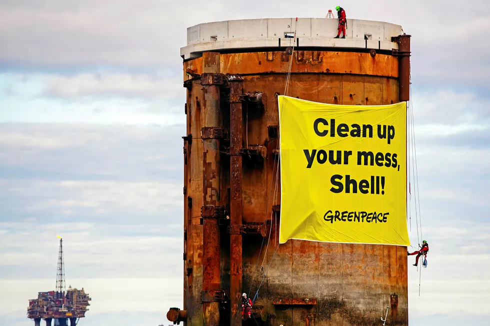 Action: Greenpeace activists from the Netherlands, Germany and Denmark last week boarded two platforms in Shell’s Brent field to protest plans to leave parts of old structures containing oily water and sediment in the North Sea