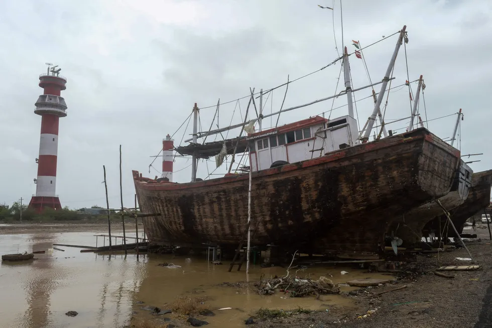Preparations: Fishing boats secured on a concrete embankment at Jakhau Port of Kutch district in Gujarat state on Wednesday, ahead of cyclone Biparjoy landfall.