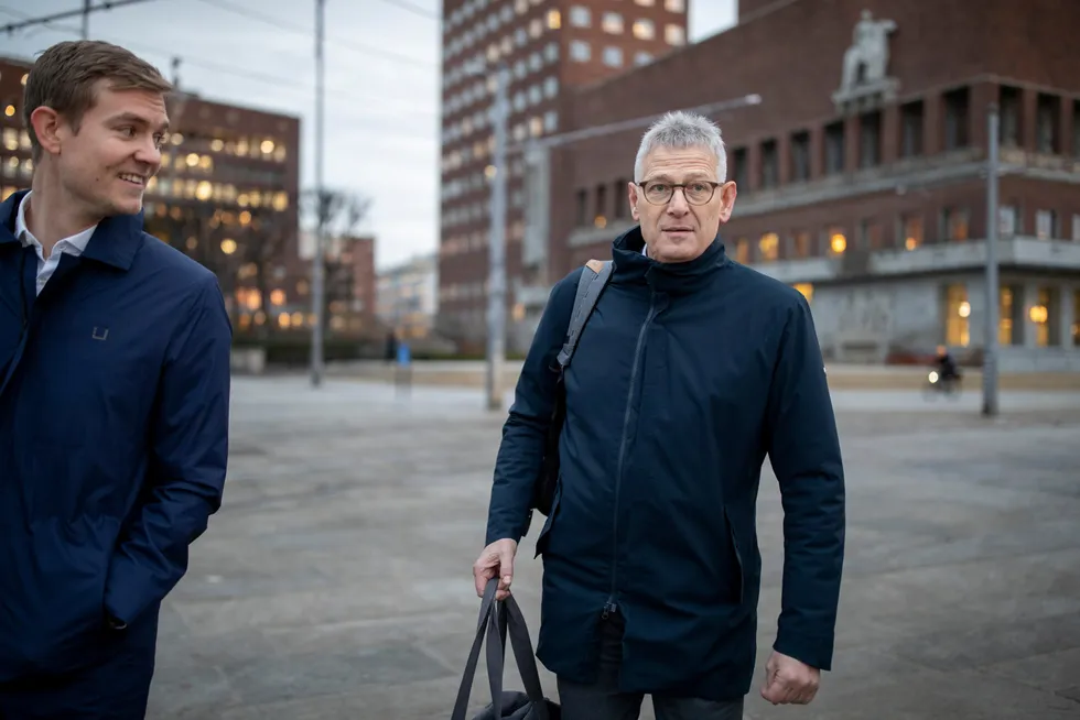 Mats Hovland Vikse (til venstre) og Karl Johan Lier i Oslo etter Autostores første kvartalspresentasjon som børsnotert selskap.