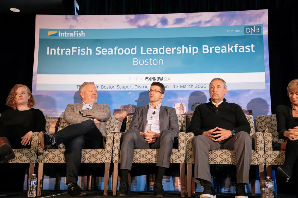 From left to right, Cora Campbell, CEO of Alaska processor Silver Bay Seafoods; Einar Gustafsson, CEO of Alaska pollock harvesting group American Seafoods; Sidney Azambuja, director of strategic sourcing at Red Lobster; Travis Larkin, president & CEO and Seafood Exchange; and Anne Hvistendahl, global head of seafood at DNB.