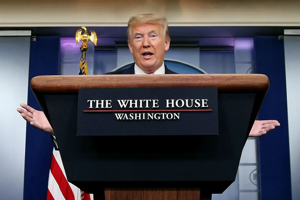 USAs president Donald Trump, her under en briefing i Det hvite hus tidligere i påsken.