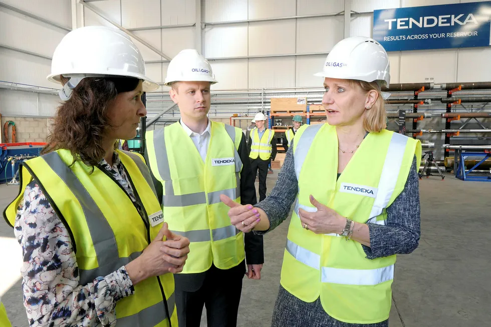Gathering views: OGUK chief executive Deirdre Michie and market intelligence manager Ross Dornan (centre) speaking to Annabel Green, chief technology officer of service company Tendeka (left), during a visit to the company's premises in Aberdeen on Tuesday, ahead of the publication of the trade body's 2019 Business Outlook report