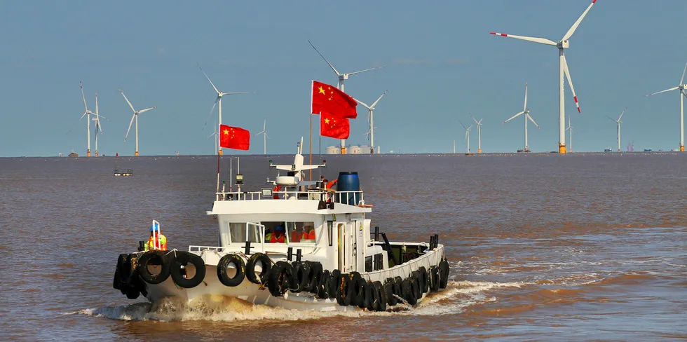 A view of an offshore wind farm of China Longyuan Power in Rudong, China.