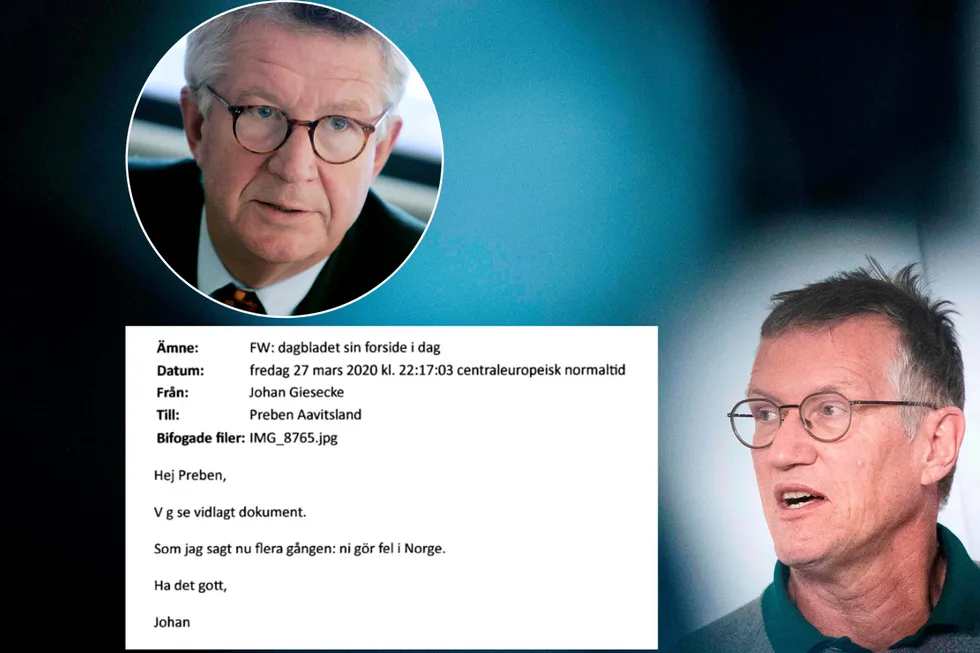 Pensjonert epidemiolog, Tegnell-mentor og WHO-rådgiver Johan Giesecke (til venstre) kalles bare «Patriarken» i dokumentarboken Flocken, om den svenske koronakrisen.