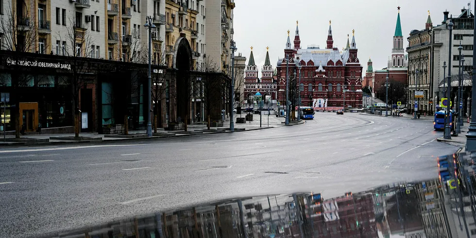 Empty street in downtown Moscow during the Covid-19 lockdown that may indirectly harm wind power projects