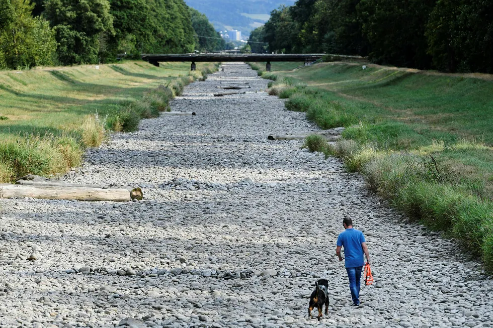 A man walks his dog along the dried river bed of the river Dreisam on August 1, 2018 in the village of March, near Freiburg, southwestern Germany. / AFP PHOTO / dpa / Patrick Seeger / Germany OUT --- Foto: Patrick Seeger/AFP/NTB Scanpix